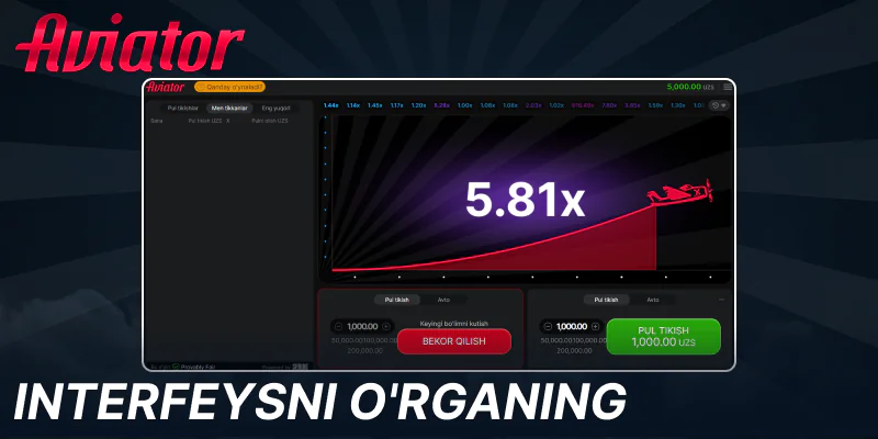 Aviator o'yin interfeysini o'rganing