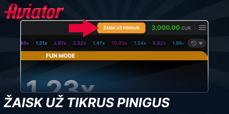 Įjunkite realių pinigų režimą Aviator žaidime