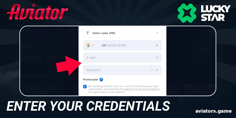 Connect using your social network or credentials at Lucky Star register form