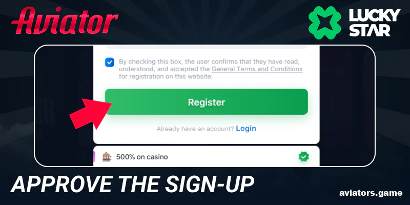Click ‘Register’ to approve the sign-up at Lucky Star register form